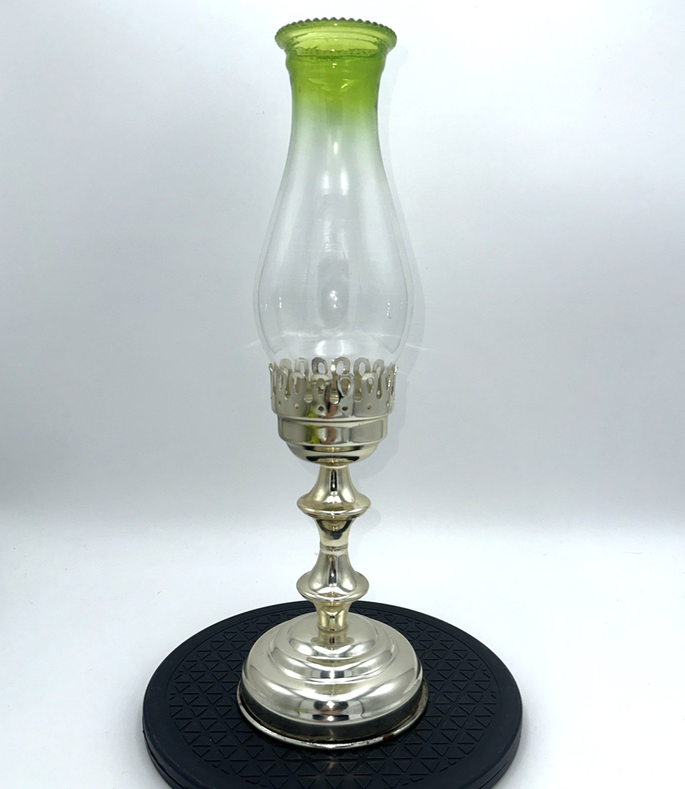 Vintage Candle Holder Clear Glass Green Rim Chimney 17” Tall